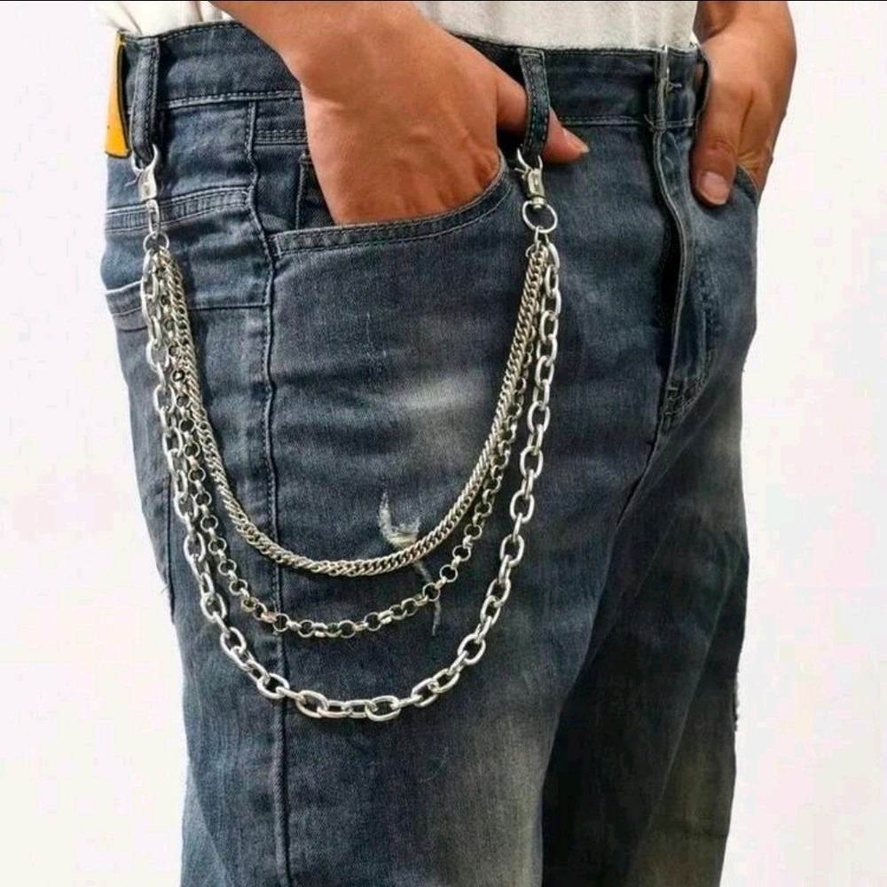Mens Triple Layer Silver Wallet Chain Punk Rock Streetwear Jean Chain Accessory